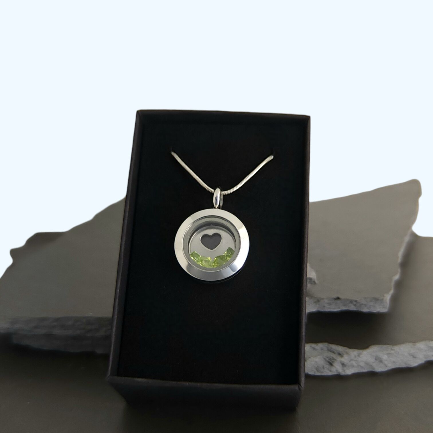 Peridot Heart Locket Pendant - 20mm Stainless Steel