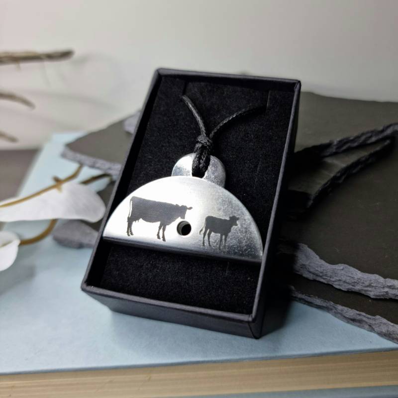 Cow and Calf Engraved Shepherds Whistle Pendant - Stainless Steel in Box